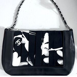 Chanel bandana CC logos scarf silk pochette bag shoulder handbag black leather